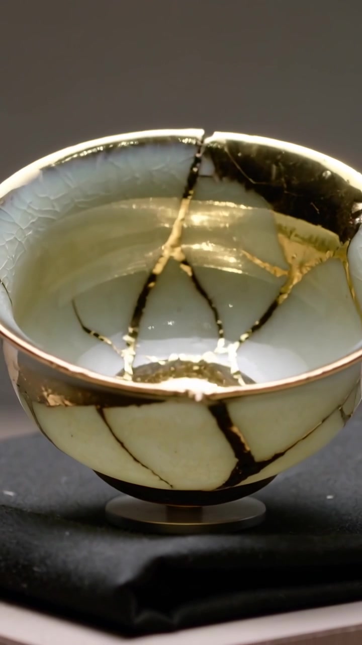 Vídeo vertical: Câmera com zoom revelando tigela de cerâmica reparada em um suporte de metal, mostrando emendas douradas