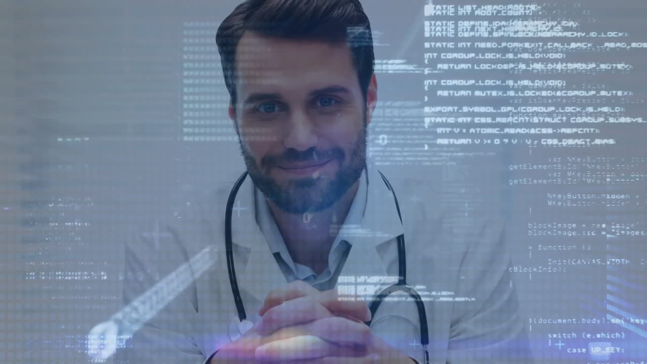 animación de procesamiento de datos de codificación binaria sobre un médico caucásico