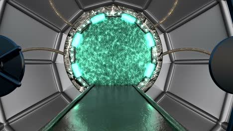 panoramic view to the station landscape scene. 3d abstract background of sci-fi corridor with portal. futuristic technology abstract seamless vj for tech titles and background.