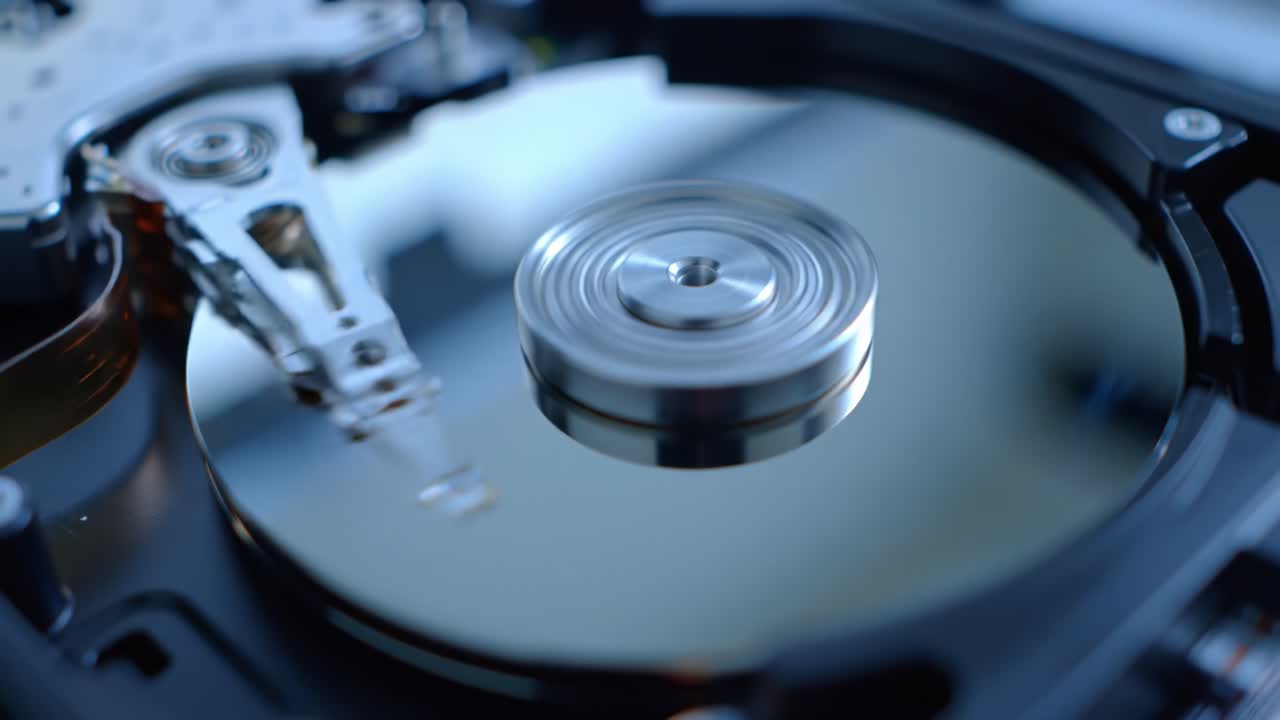 A close-up look at a hard drive reveals the intricate mechanics involved in data storage. Observe the spinning disk and read/write arm as they work together in technology.