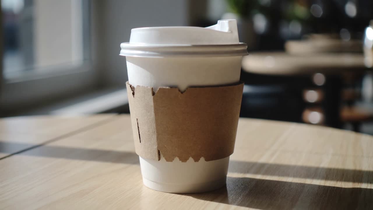 La luce solare che si sposta proietta un'ombra in movimento su un bicchiere di carta bianco con una fascia marrone vicino alla finestra di un caffè.