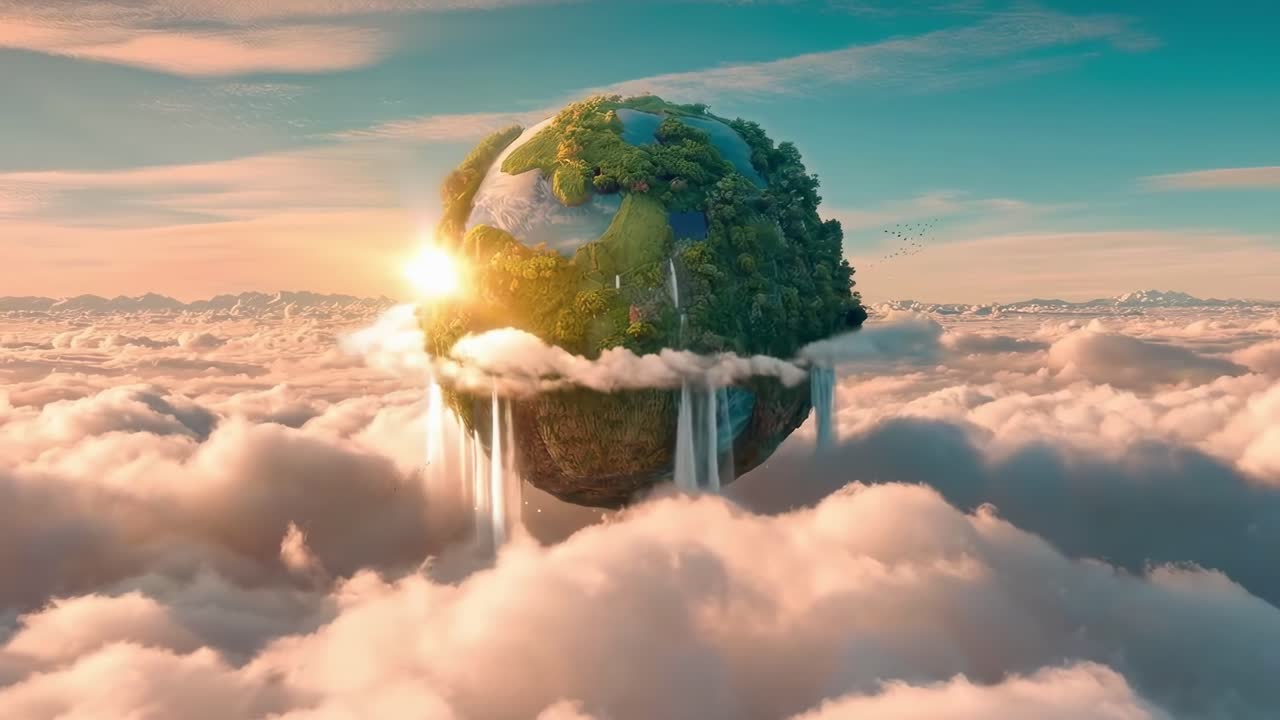 Terra flutuante surreal acima das nuvens, capturada em um plano de grande angular.