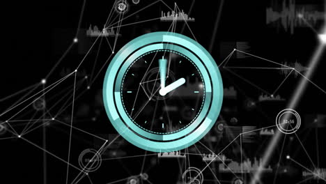 reloj con agujas móviles y animación de visualización de datos a través de conexiones de red
