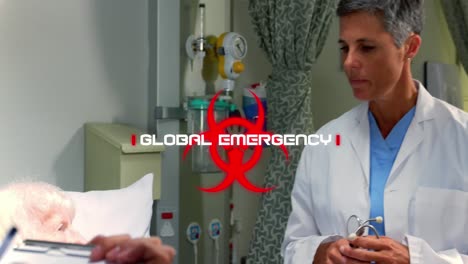 emergencia global sobre el símbolo de riesgo biológico contra una doctora que trata a una paciente