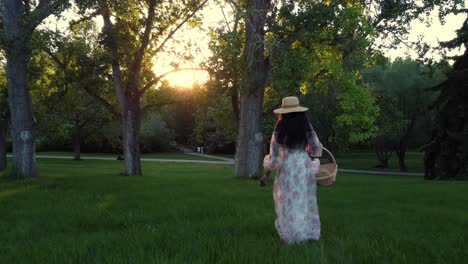 Black-Woman-with-basket-walking-in-park-close-up-followed