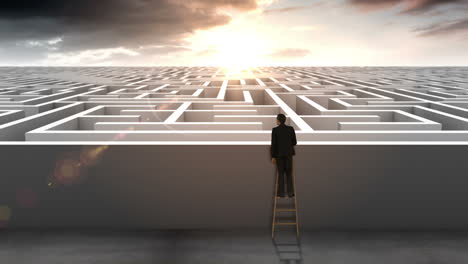 businessman on ladder looking at maze