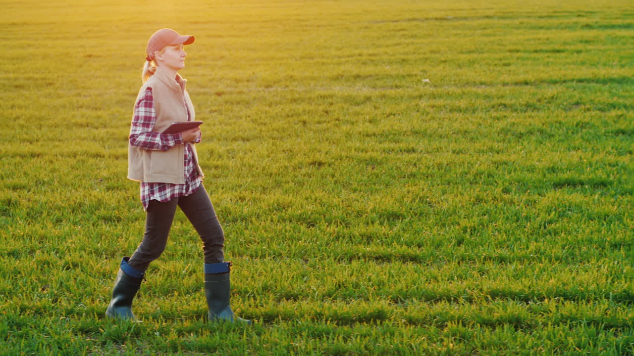 젊은 여성 농부가 태블릿을 들고 밀밭을 걷고 있다