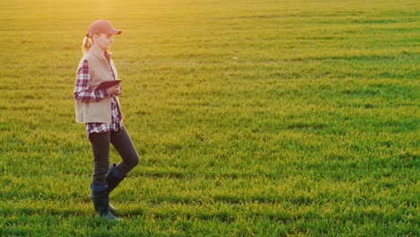 Una-Joven-Campesina-Camina-Por-Un-Campo-De-Trigo-Con-Una-Tableta