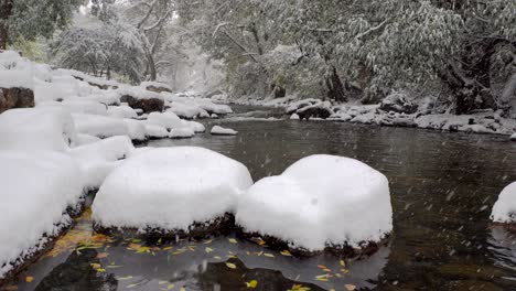 Snow-falling-in-the-Boulder-Creek,-Boulder,-Colorado