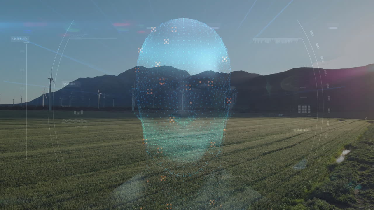 Digital human head animation over green field with mountains and wind turbines