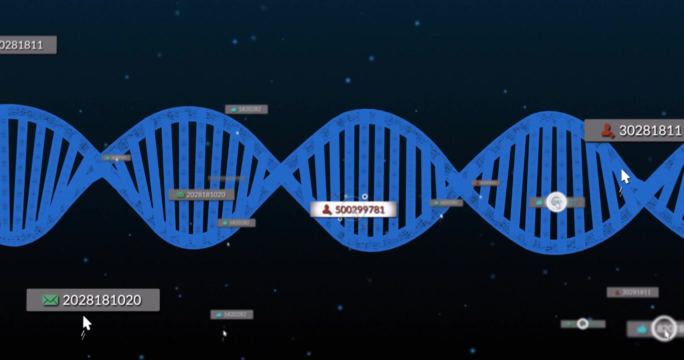 On label emerging DNA helix oscillating as data tags spawning highlighting reordering showing flow