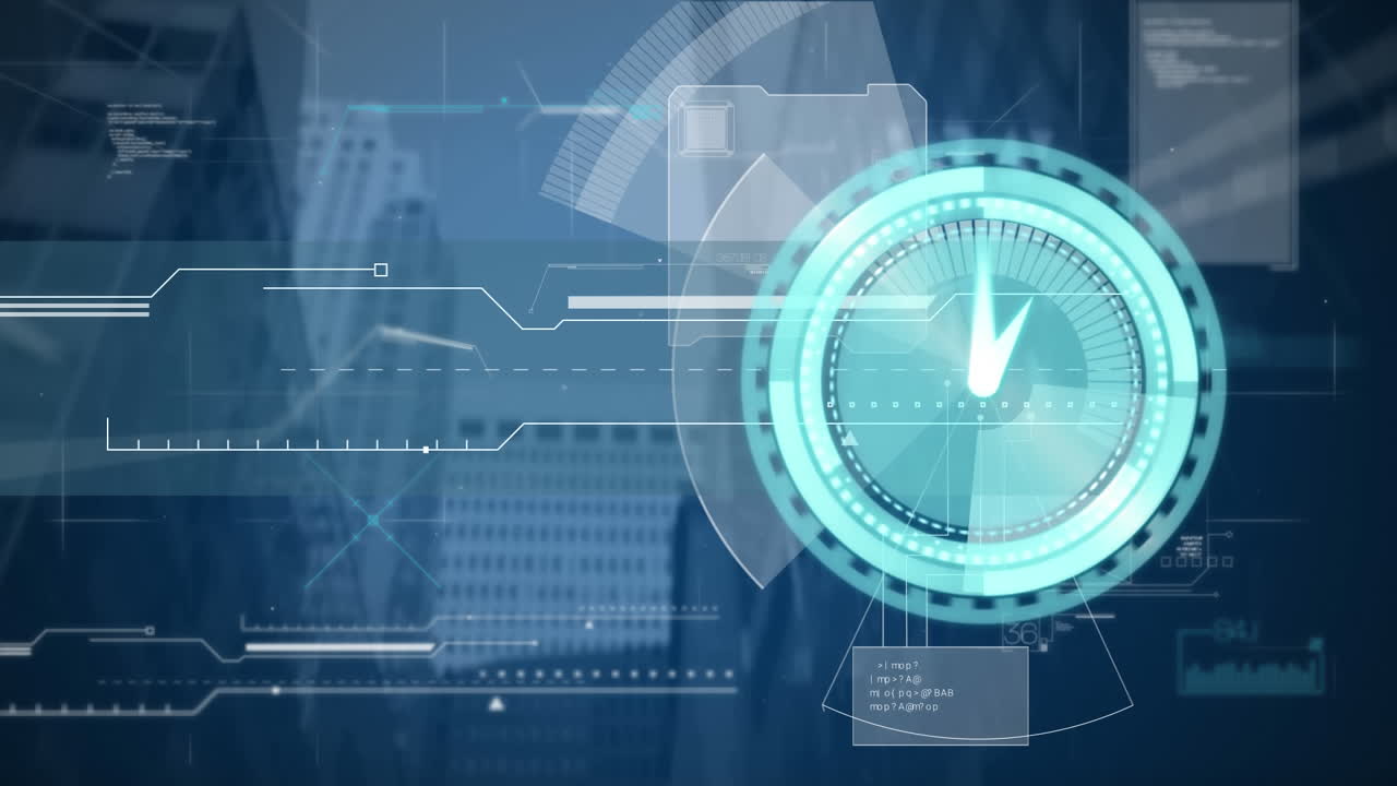 Animation of clock moving fast and data processing over cityscape