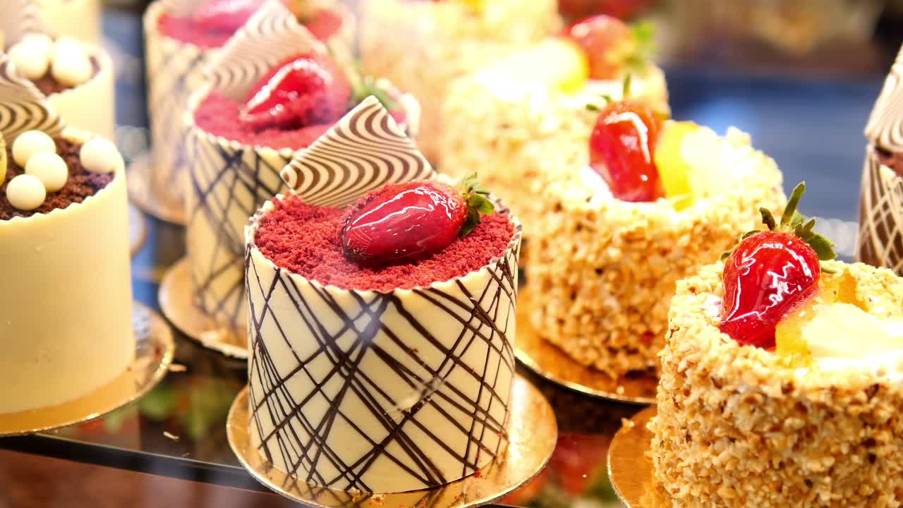 Delicious Cakes on Display in a Bakery