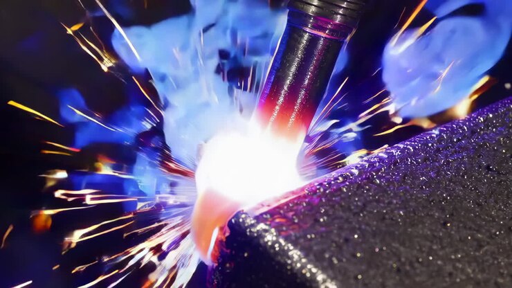 Primo piano di saldatura industriale con scintille luminose e metallo fuso.