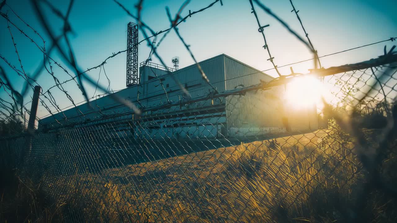Camera pushing forward tilting up at edge with low sun, with fence framing metal building tower