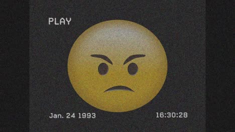 Digitale-Animation-Des-VHS-Glitch-Effekts-über-Wütendem-Gesichts-Emoji-Vor-Grauem-Hintergrund