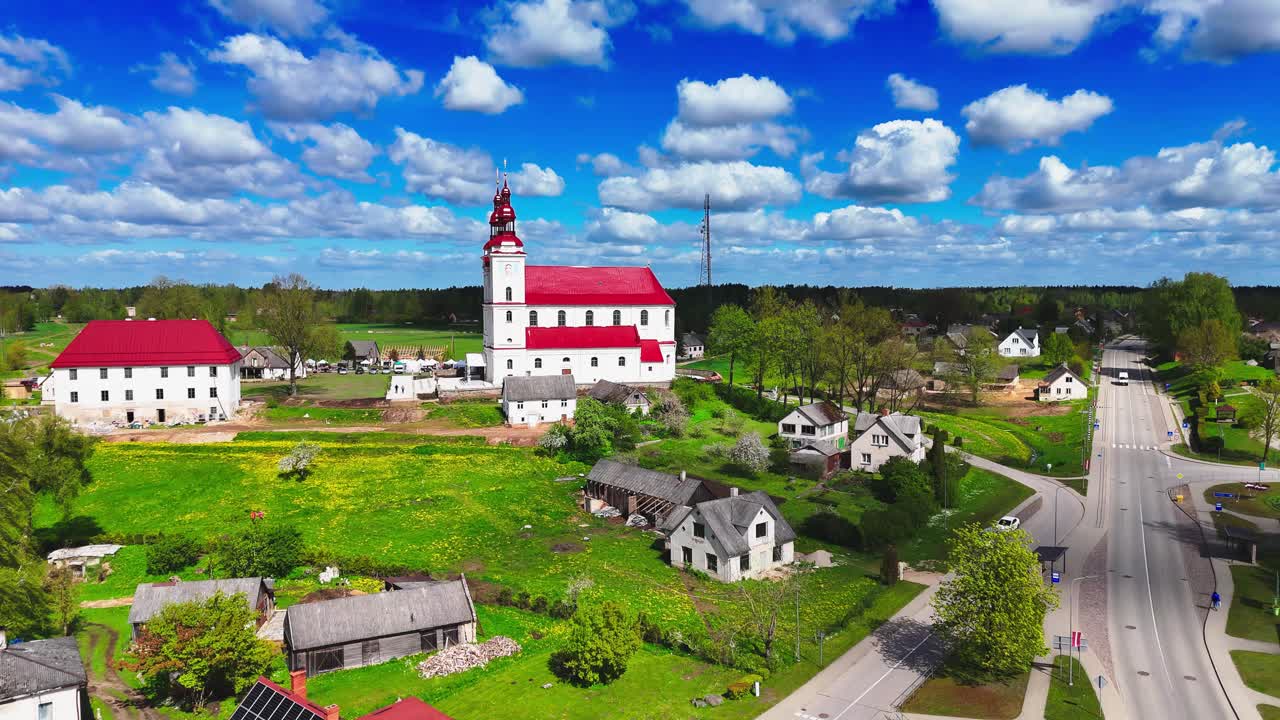 Skaistkalne Village in Skaistkalne Parish, Bauska Municipality, Semigallia Region of Latvia. Aerial Wide Shot