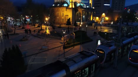 tram mosque and people aerial view