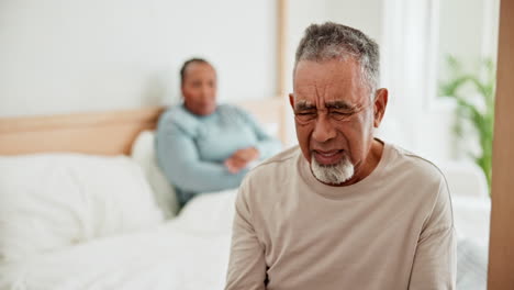 divorce, bed and a senior couple fighting