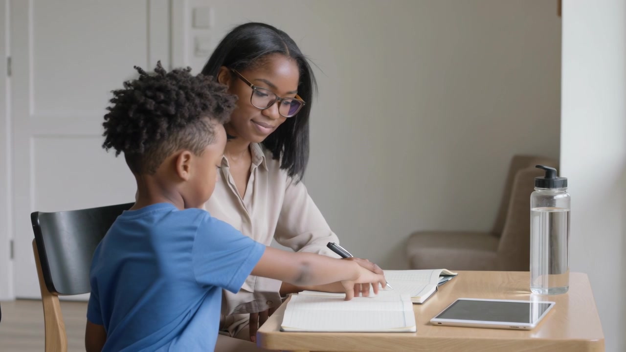 Writing woman guiding boy at home table after his pointing at book for homework, using pen