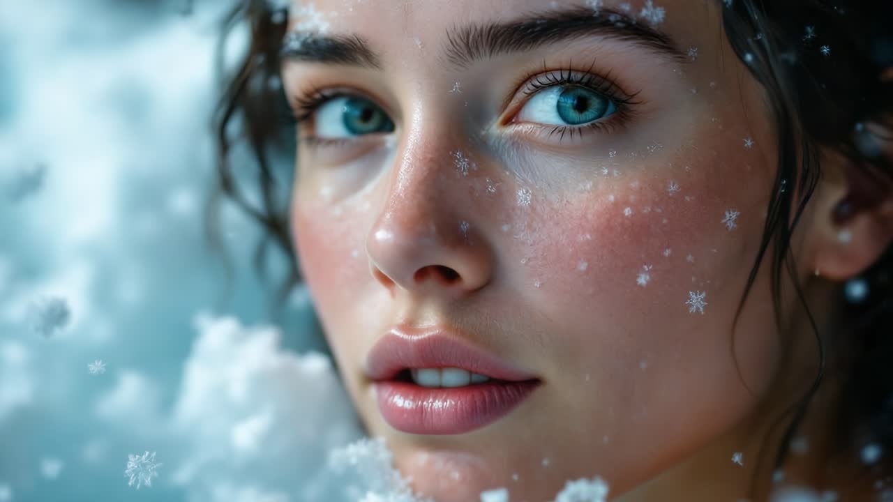 Winter beauty featuring delicate snowflakes adorning young woman's glowing face, experiencing seasonal enchantment