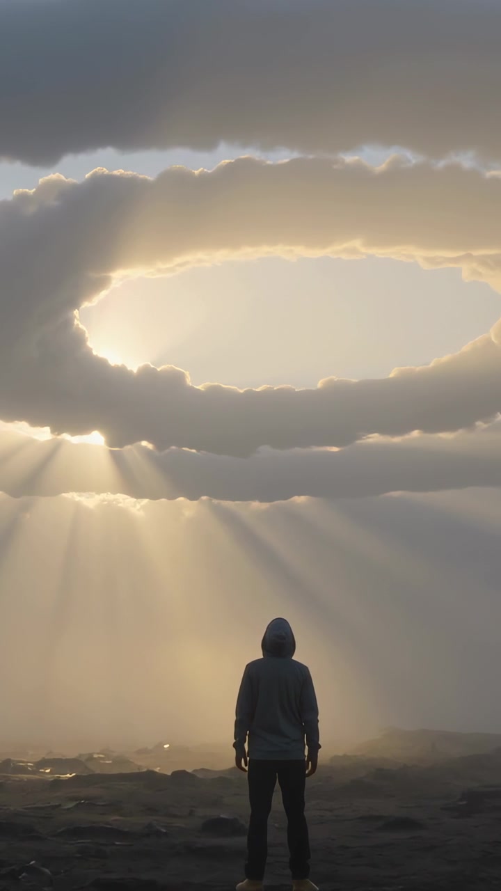Video vertical: Figura encapuchada de pie observando los rayos de sol que atraviesan un anillo de nubes en una llanura rocosa.