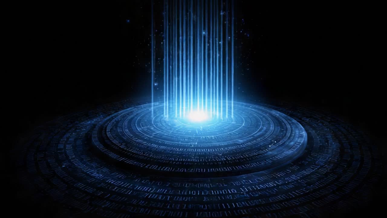 Luminous blue light projecting a stream of digital binary code from a futuristic circular platform, symbolizing data transfer, artificial intelligence, and cutting edge technology