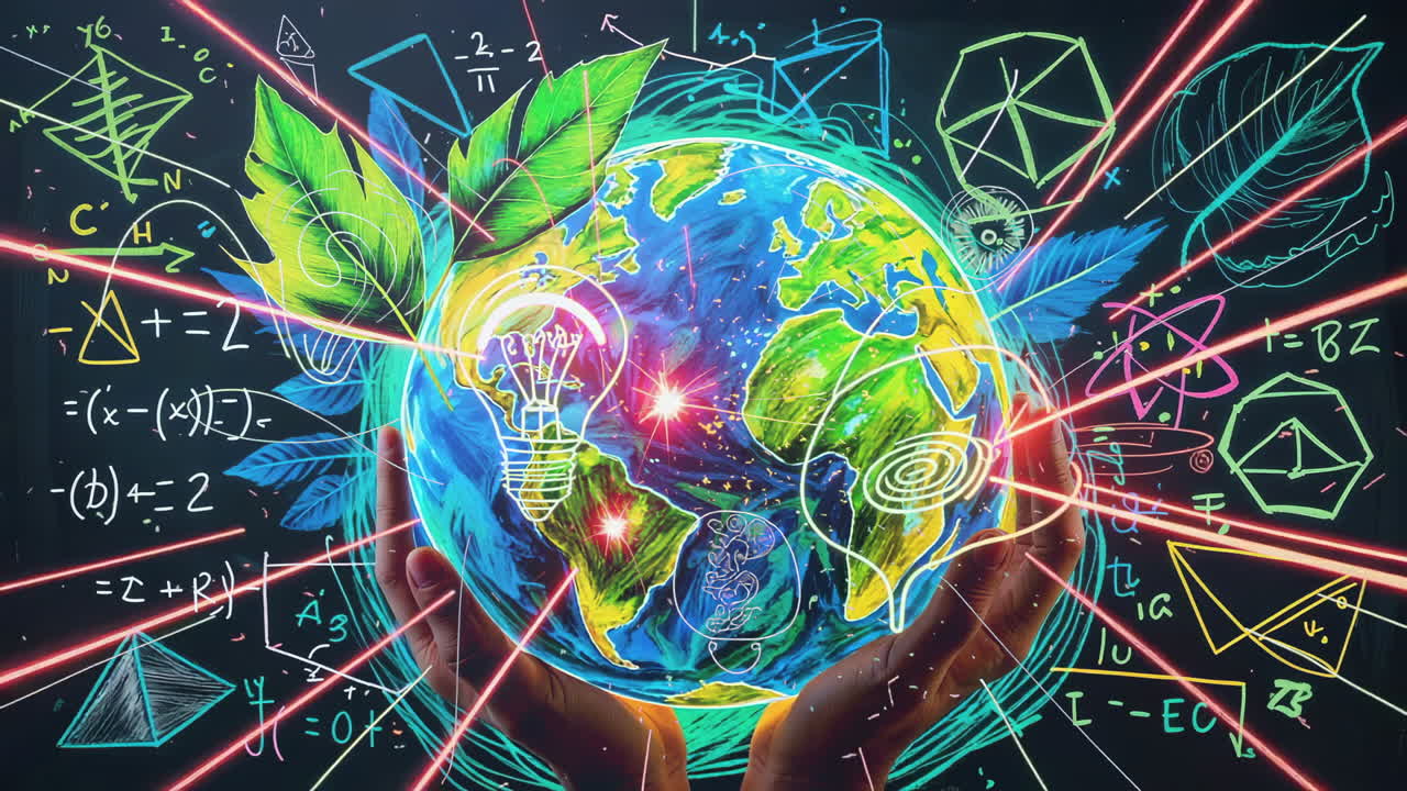Hands Holding a Glowing Earth with Scientific Formulas and Natural Elements