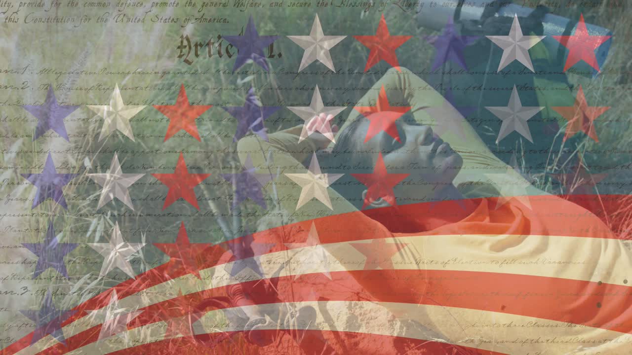 들판 에 누워 있는 여자 를 가로지르는 줄무 ⁇  와 별 들 의 애니메이션