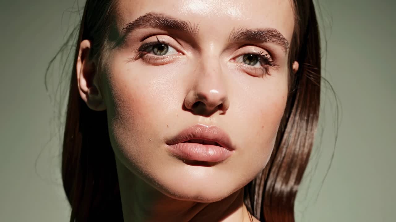 Close-up video portrait of a woman with natural makeup, shot from a slightly low angle