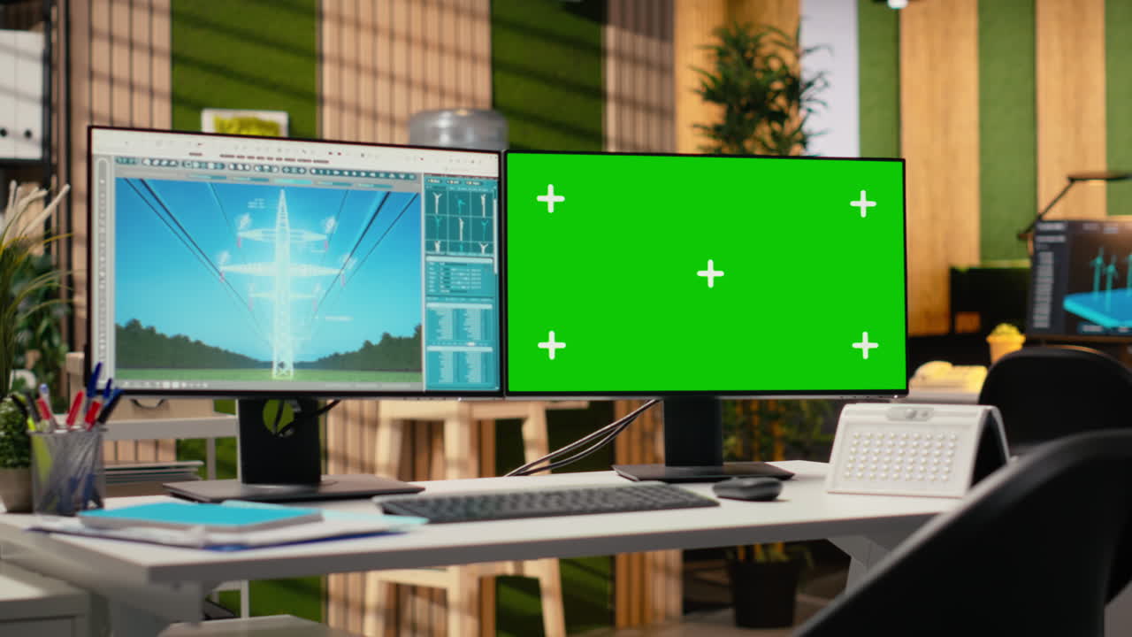Design CAD di un traliccio della linea elettrica visualizzato su un monitor di PC in ufficio.