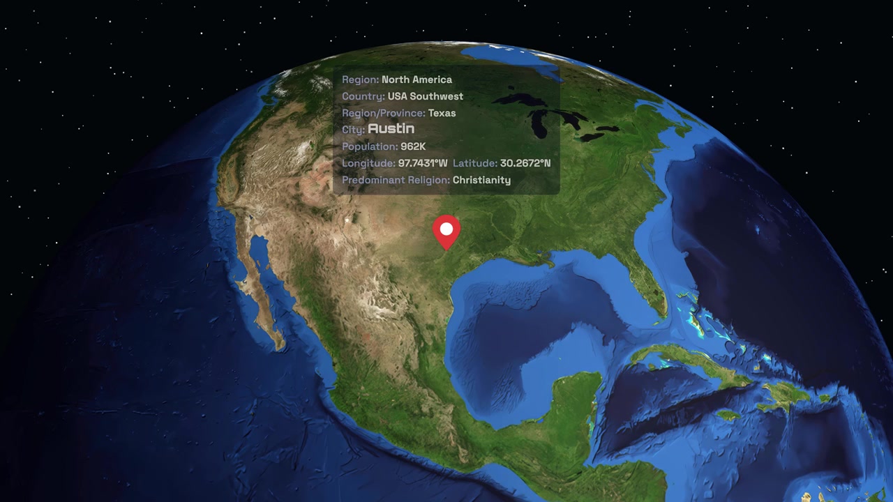 Globo Digital com Zoom em Austin, Texas, com Dados de Localização