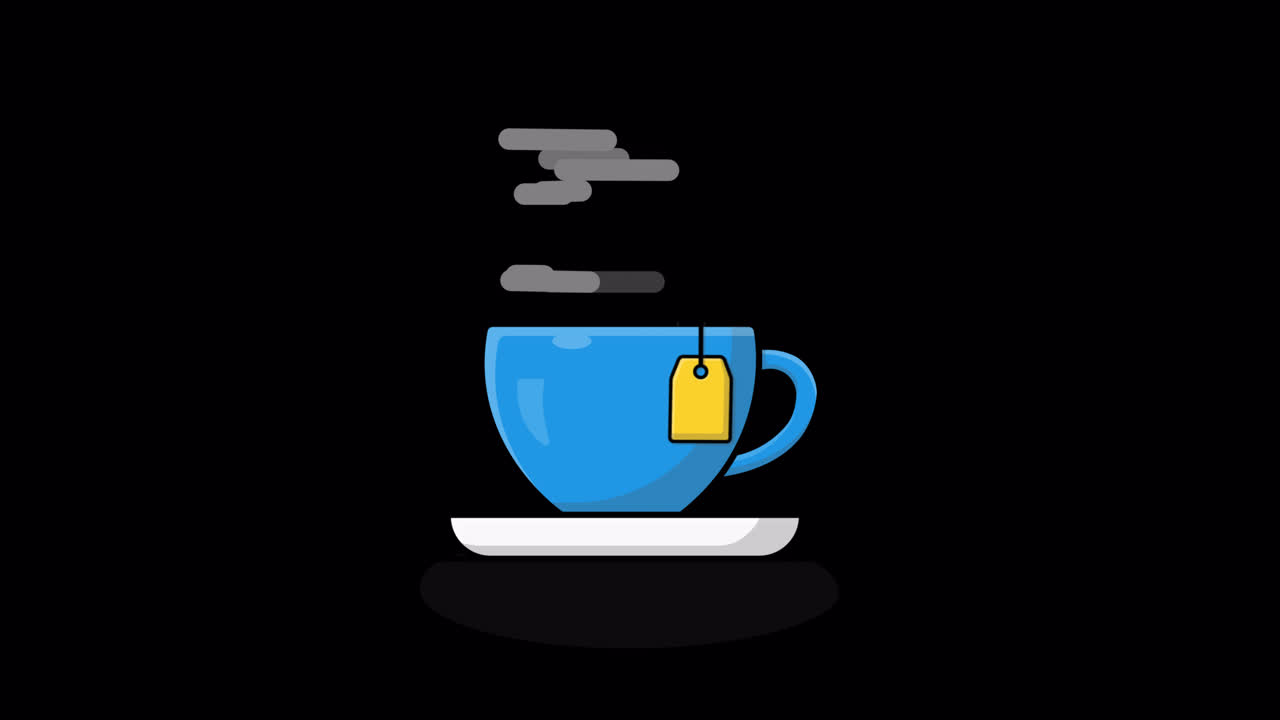 Tazza da tè blu animata con tè caldo fumante.