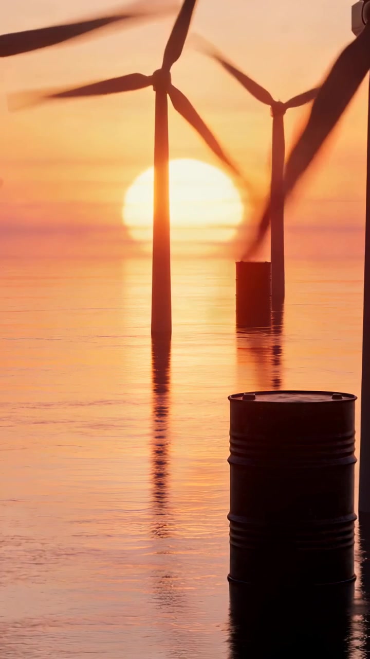 Vertical video: Spinning centered wind turbine blades passing sun at sea, wind making power, barrel
