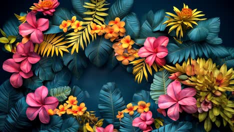 colorful tropical flowers and leaves create a vibrant natural backdrop