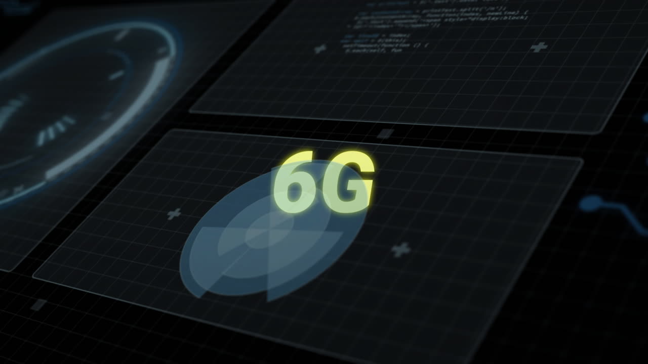 animación de texto de 6g sobre gráficos de procesamiento de datos en la interfaz negra