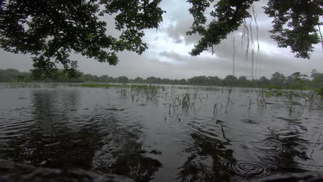 Regentropfen-Auf-Dem-Wasser-Mit-Filmischem-Wolkenhintergrund-In-Der-Monsunzeit