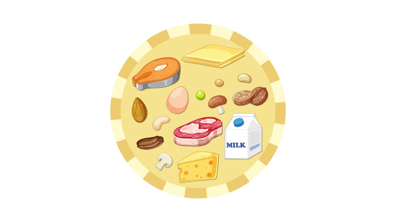Various protein foods smoothly appear and rotate on a circular plate, white background, flat style