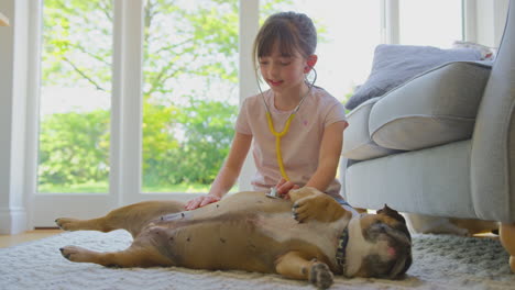 Chica-Fingiendo-Ser-Veterinaria-En-Casa-Examinando-Mascota-Bulldog-Francés-Con-Estetoscopio