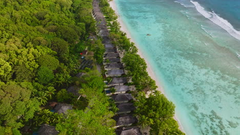 Aerial-drone-view-of-travel-destination-exotic-beach-resort-in-the-Seychelles-Islands