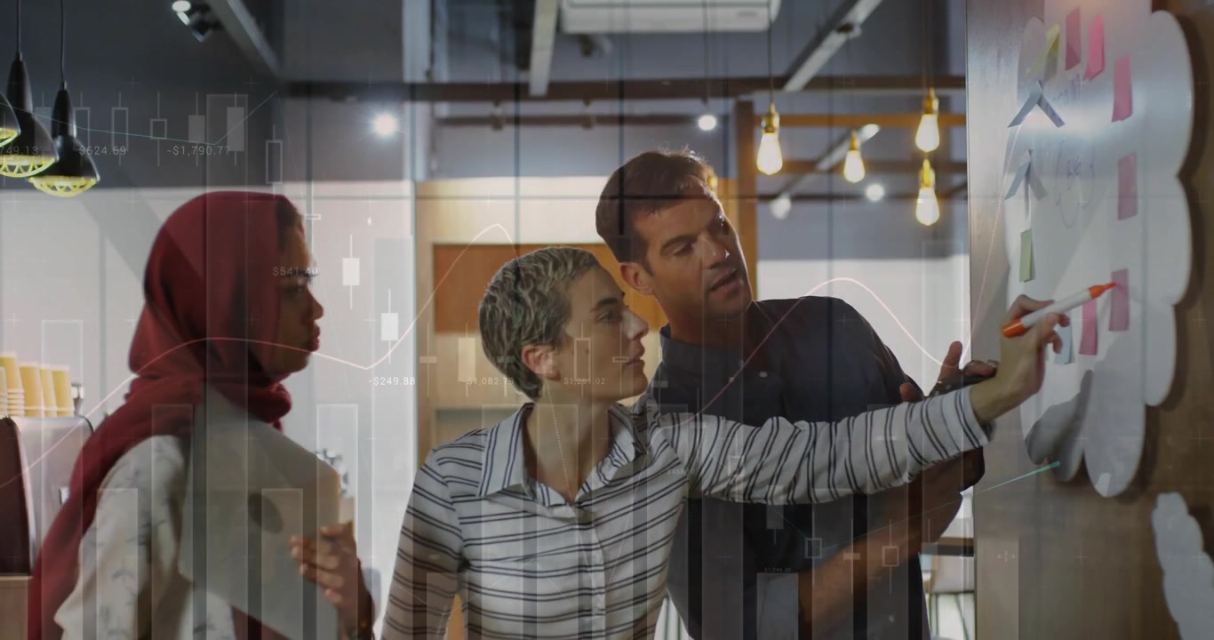 Business team planning board, man pointing tablet leading note placing, chart overlay mapping goals