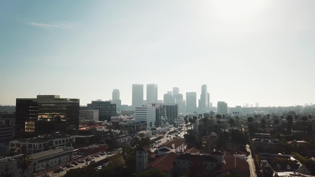 Drone flying over Rodeo Drive in Beverly Hills, California.
