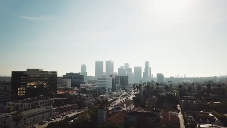 drone flying over rodeo drive in beverly hills, california.