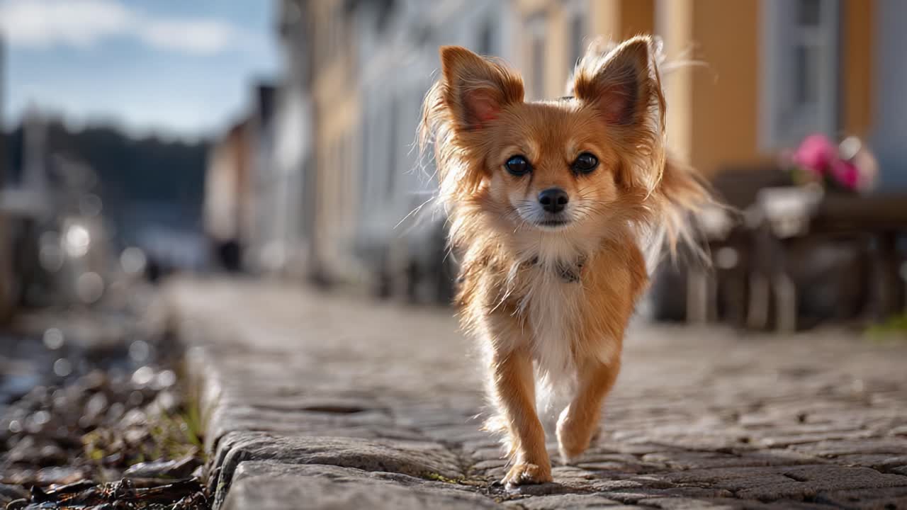 趣のある石畳の道を愛らしい犬が歩く様子は、この遊び心のある犬の美しさや個性を際立たせています。
