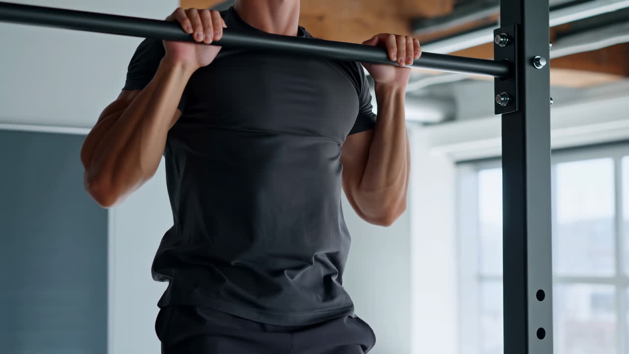 Homem branco na barra fixa treinando com esforço de corpo inteiro em academia moderna, camiseta preta, braços definidos, movimento controlado.