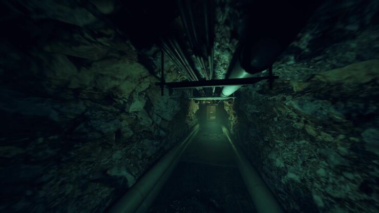 Mysterious damp passage dark tunnel with algaecovered walls