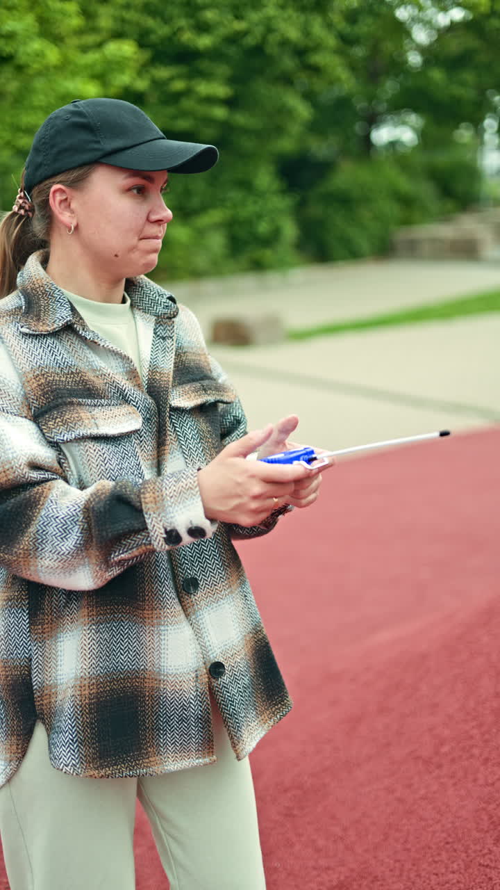Bella giovane donna con un cappellino che cammina in un parco cittadino. Donna in abiti casual che si gode una passeggiata. Ragazza sognante che cammina per strada