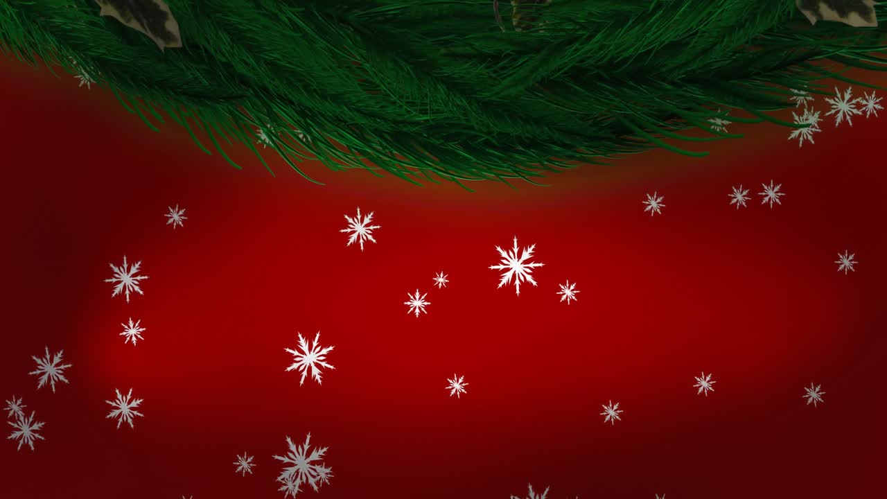 decoración de corona de navidad y iconos de copos de nieve cayendo contra un fondo rojo