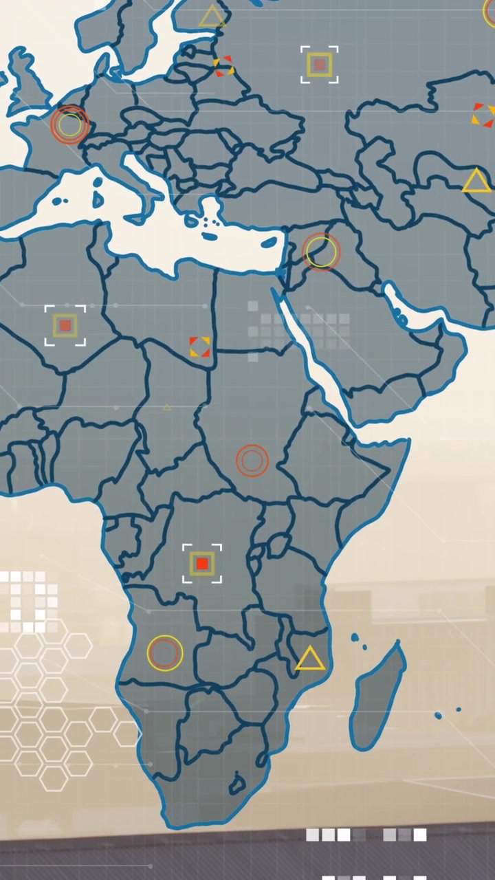 Animation of financial data processing and world map over cityscape
