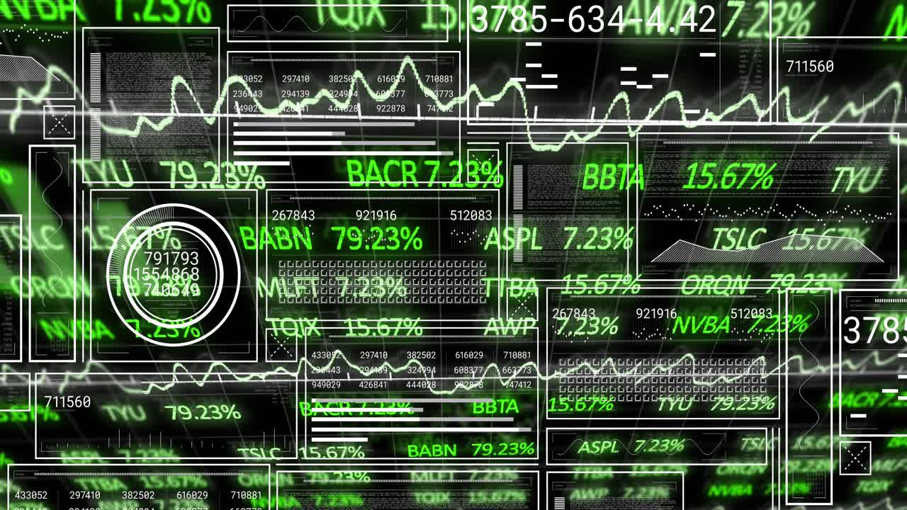 Animazione dell'elaborazione di dati finanziari su sfondo scuro
